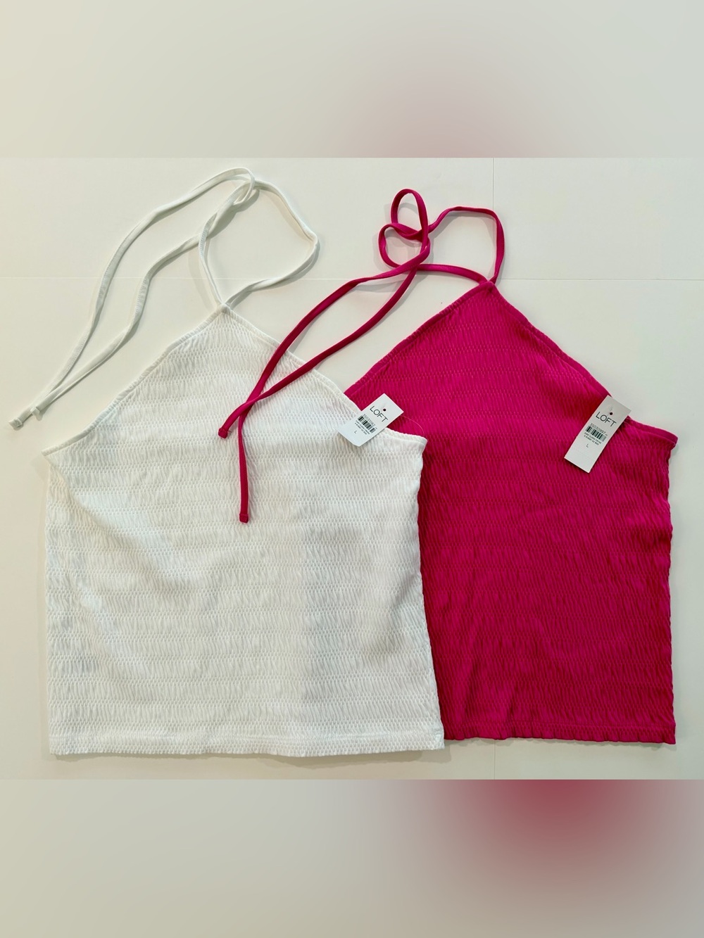 LOFT NWT Smocked Halter Tops Set of 2 White & Hot Pink Size L